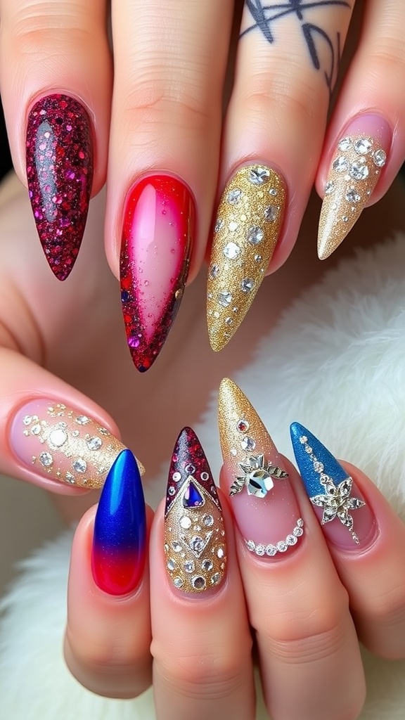 Glamorous nail art designs with glitter, rhinestones, and vibrant colors on elegantly manicured nails.